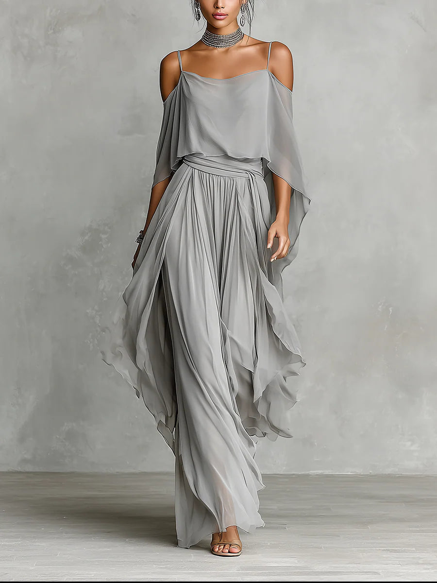 Isabella | Conjunto gris con hombros al aire y pantalones chiffon