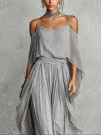 Isabella | Conjunto gris con hombros al aire y pantalones chiffon