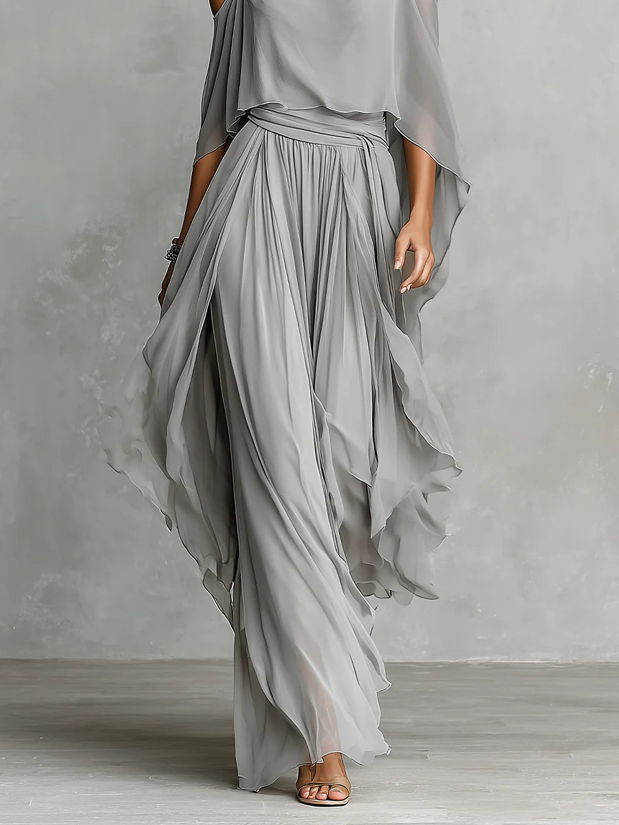 Isabella | Conjunto gris con hombros al aire y pantalones chiffon
