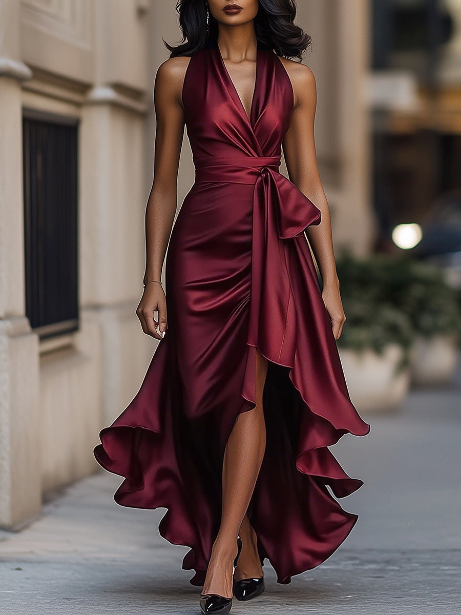 Leire | Vestido halter de raso con vuelo