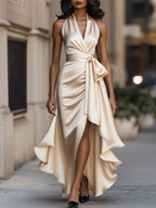 Leire | Vestido halter de raso con vuelo
