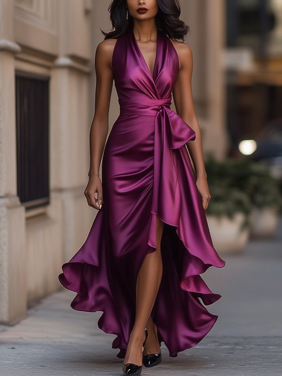Leire | Vestido halter de raso con vuelo