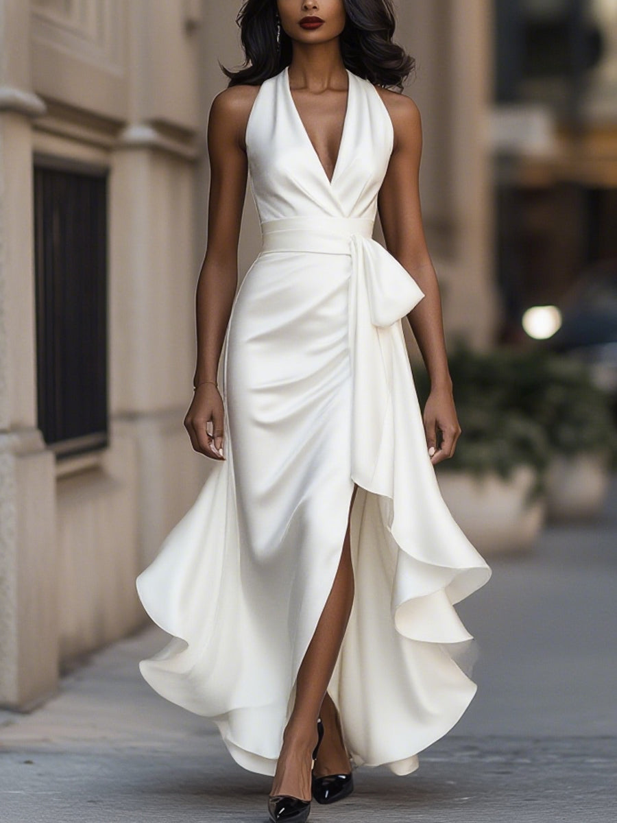 Leire | Vestido halter de raso con vuelo