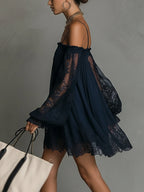 Noemi | vestido chiffon azul encaje transparente
