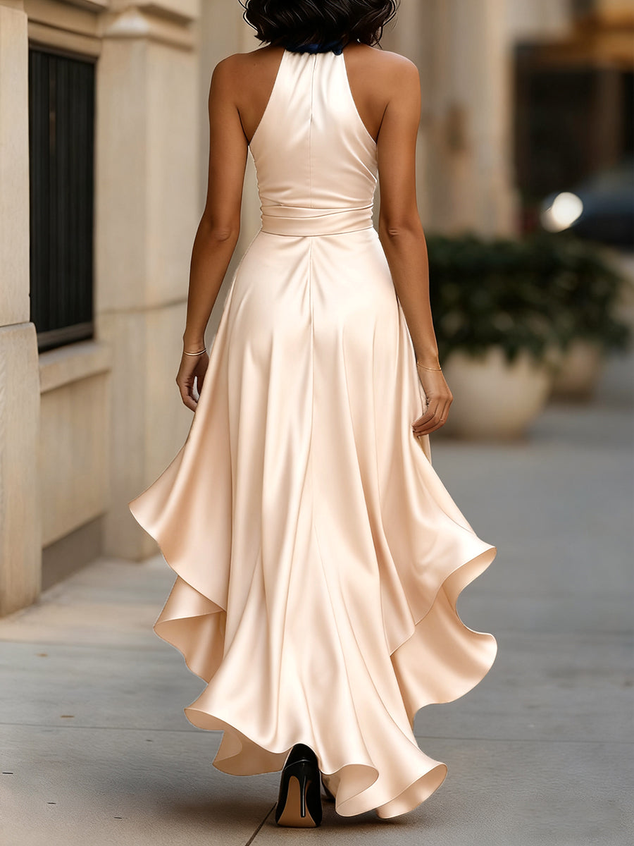 Leire | Vestido halter de raso con vuelo