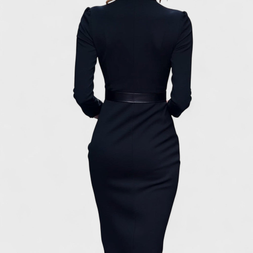Olga | Vestido Negro Sofisticado con Cinturón y Cuello Mao