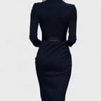 Olga | Vestido Negro Sofisticado con Cinturón y Cuello Mao