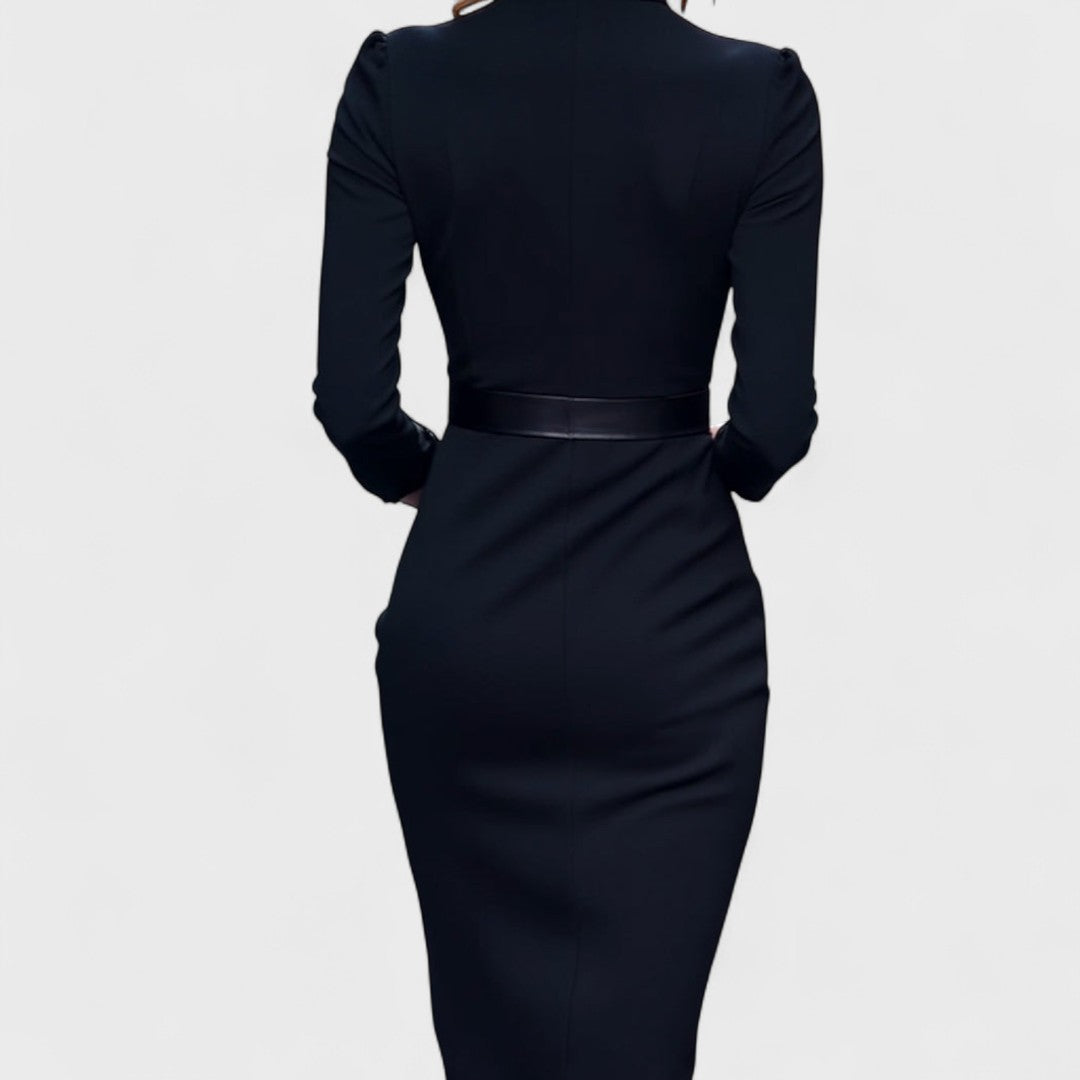 Olga | Vestido Negro Sofisticado con Cinturón y Cuello Mao
