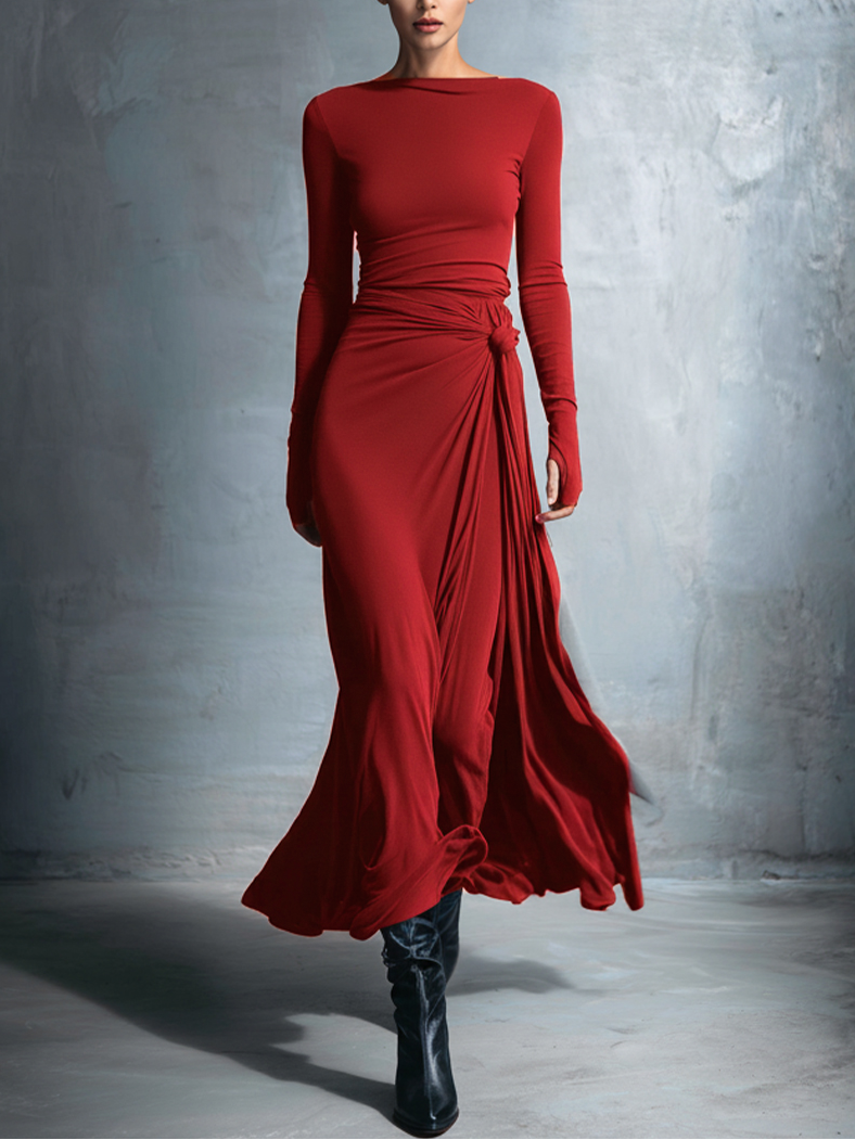 Nuria · Vestido maxi gris con drapeado lateral