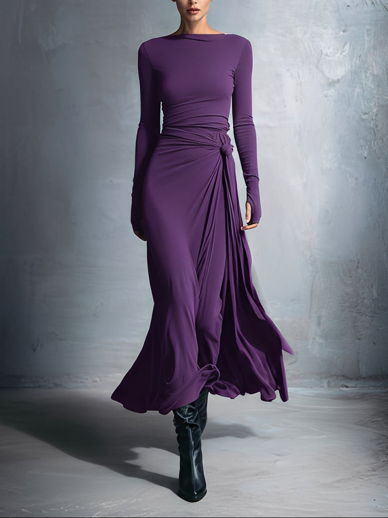 Nuria · Vestido maxi gris con drapeado lateral