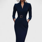 Olga | Vestido Negro Sofisticado con Cinturón y Cuello Mao