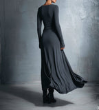 Nuria · Vestido maxi gris con drapeado lateral
