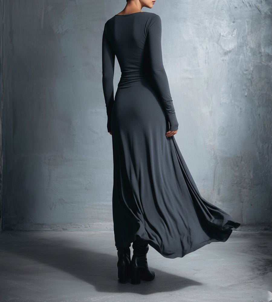 Nuria · Vestido maxi gris con drapeado lateral