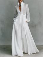 Inés · Vestido maxi blanco de algodón y lino con cuello alto