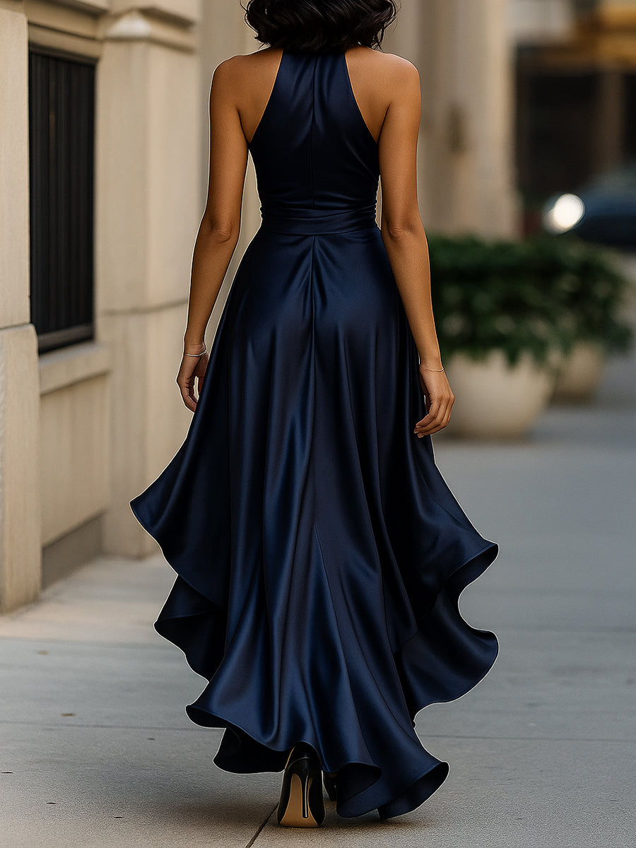 Leire | Vestido halter de raso con vuelo