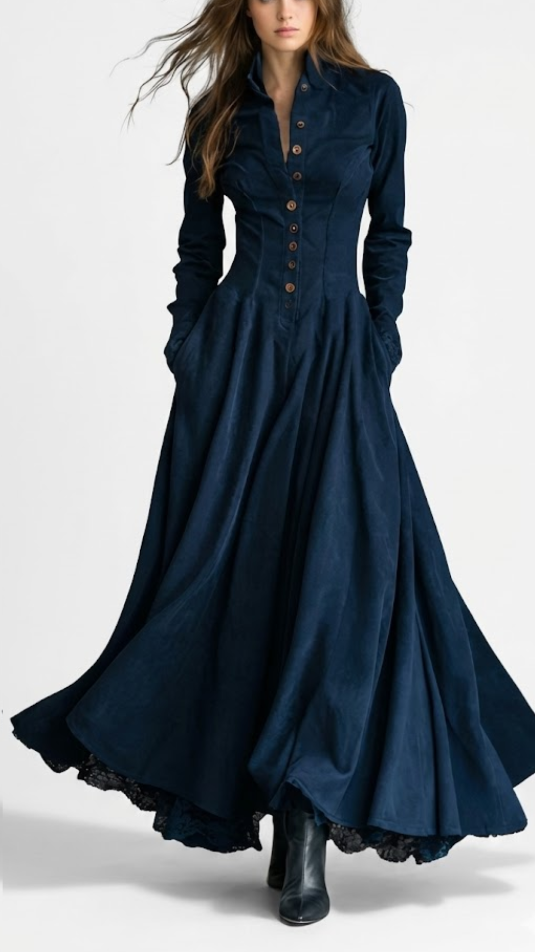 Verónica | Vestido largo con cuello camisero y encaje