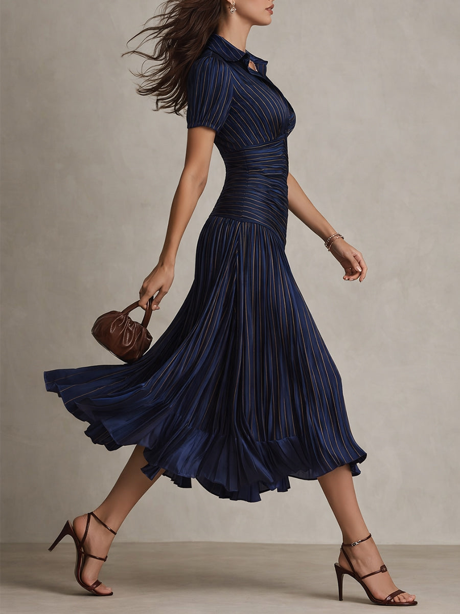 Raquel · Vestido midi satinado azul de rayas