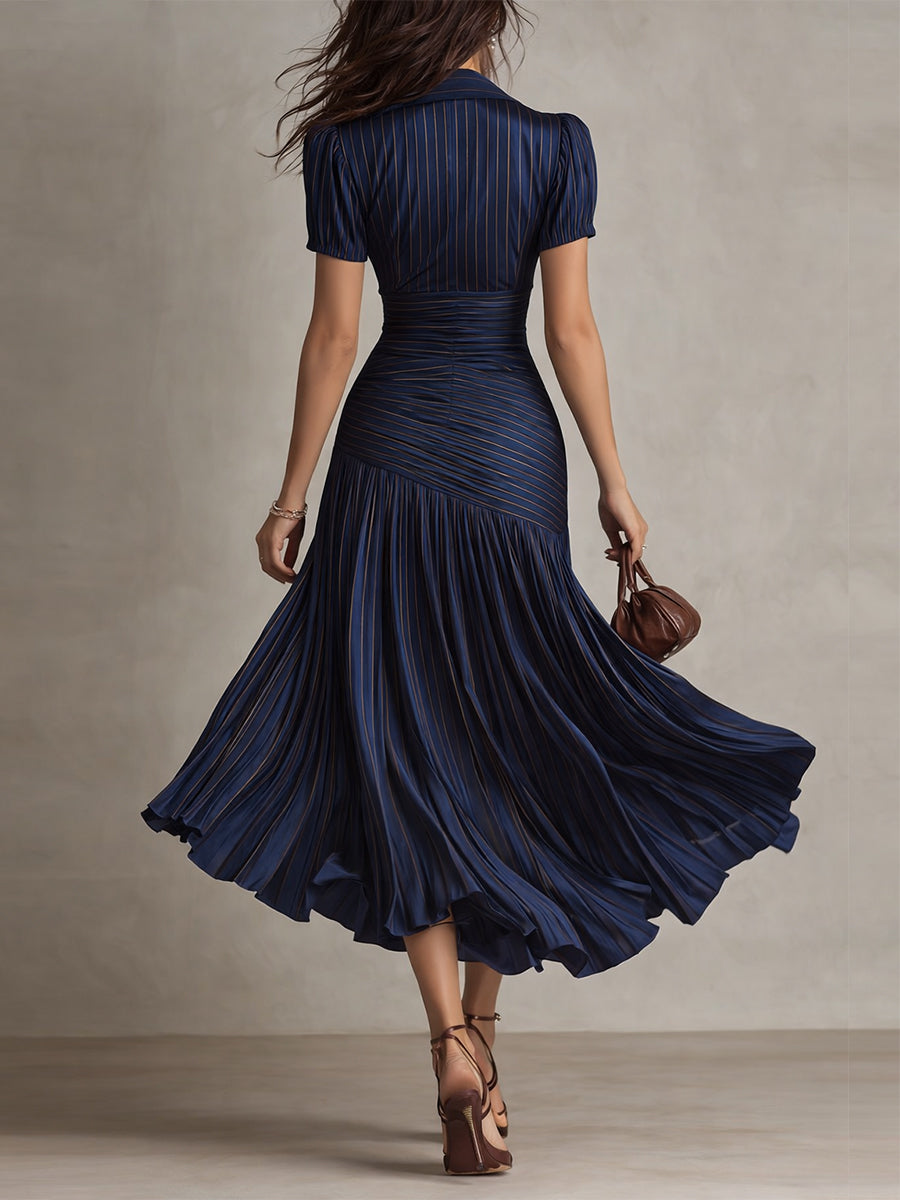 Raquel · Vestido midi satinado azul de rayas