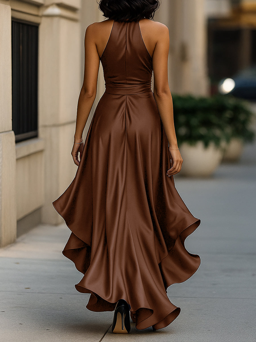 Leire | Vestido halter de raso con vuelo