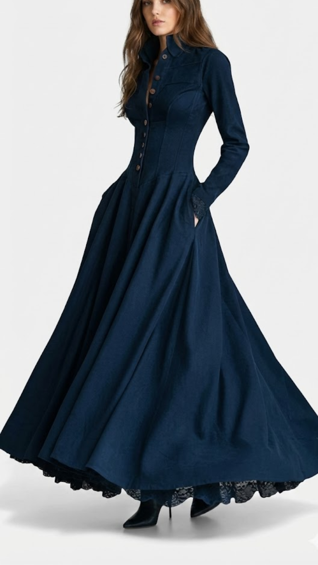 Verónica | Vestido largo con cuello camisero y encaje