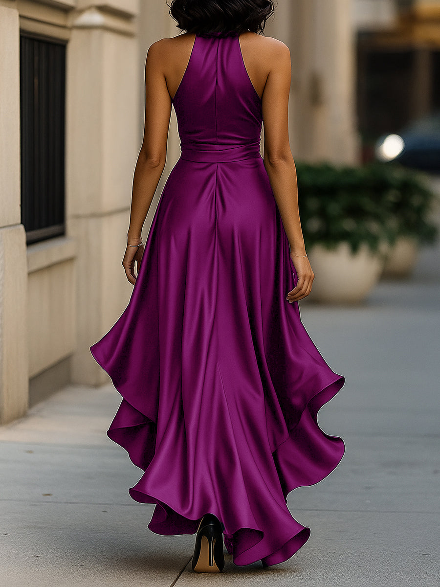 Leire | Vestido halter de raso con vuelo