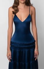 Mirabella | Vestido largo azul con espalda abierta y capas