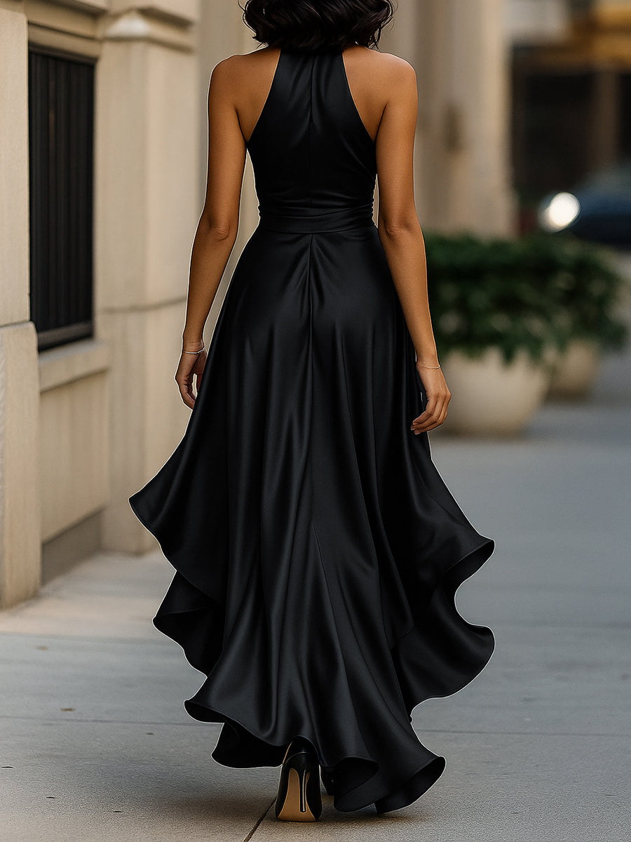 Leire | Vestido halter de raso con vuelo