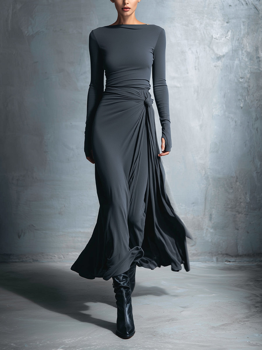 Nuria · Vestido maxi gris con drapeado lateral