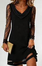 Elena | Vestido de color liso con cuello swing y patchwork