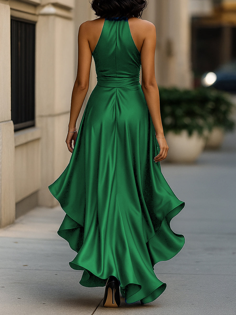 Leire | Vestido halter de raso con vuelo