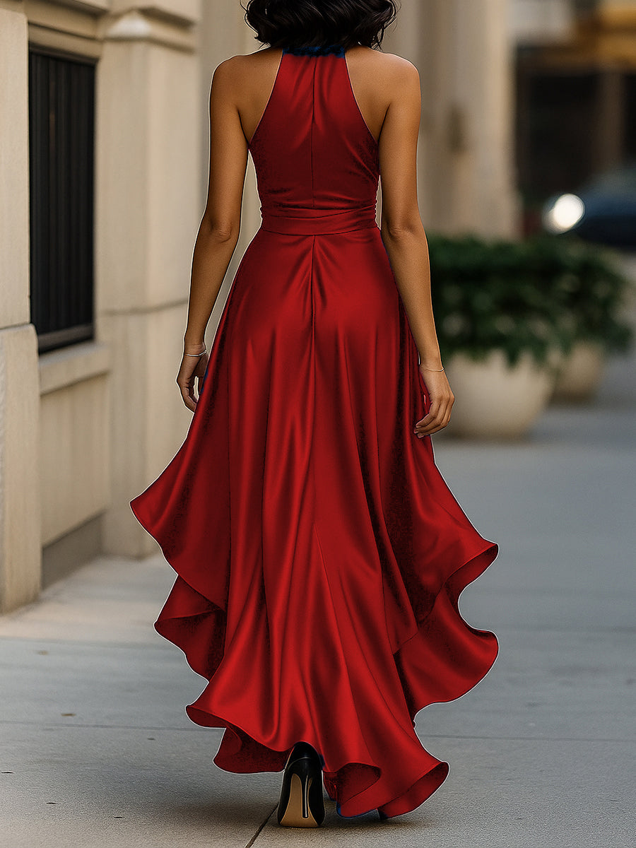 Leire | Vestido halter de raso con vuelo