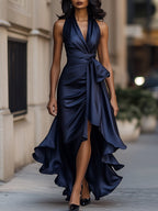 Leire | Vestido halter de raso con vuelo