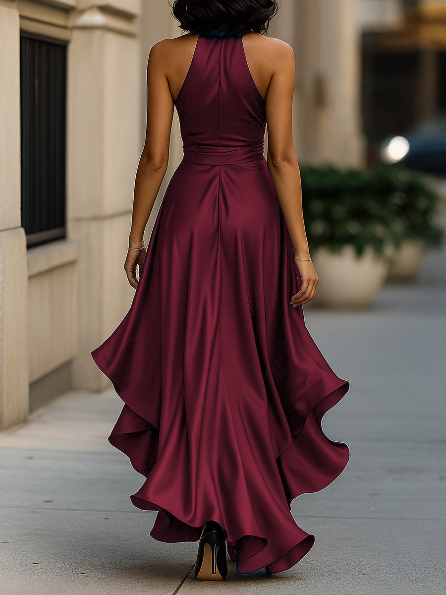 Leire | Vestido halter de raso con vuelo