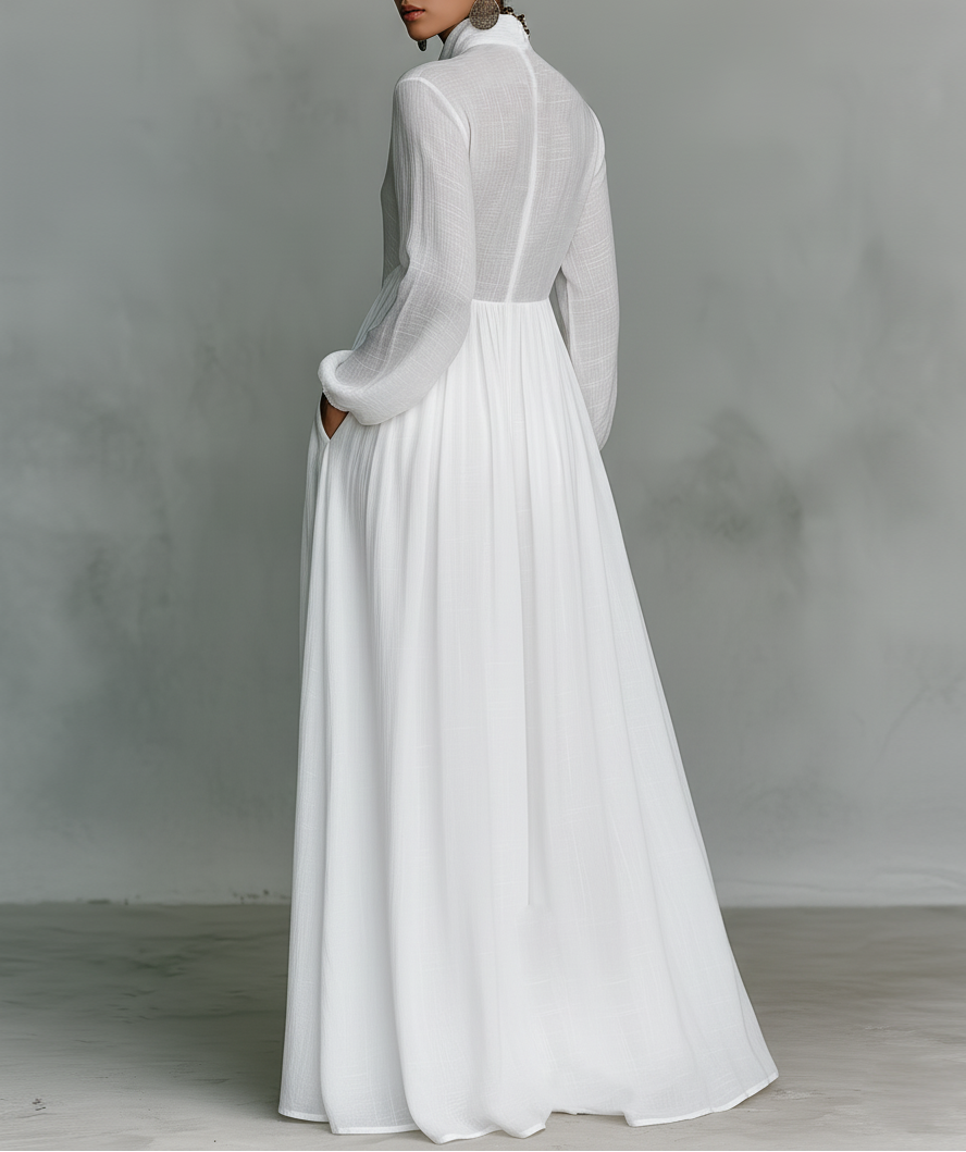 Inés · Vestido maxi blanco de algodón y lino con cuello alto