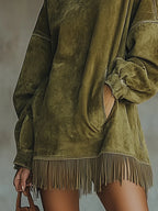 Adela | Vestido de cuello alto de ante con flecos en el bajo