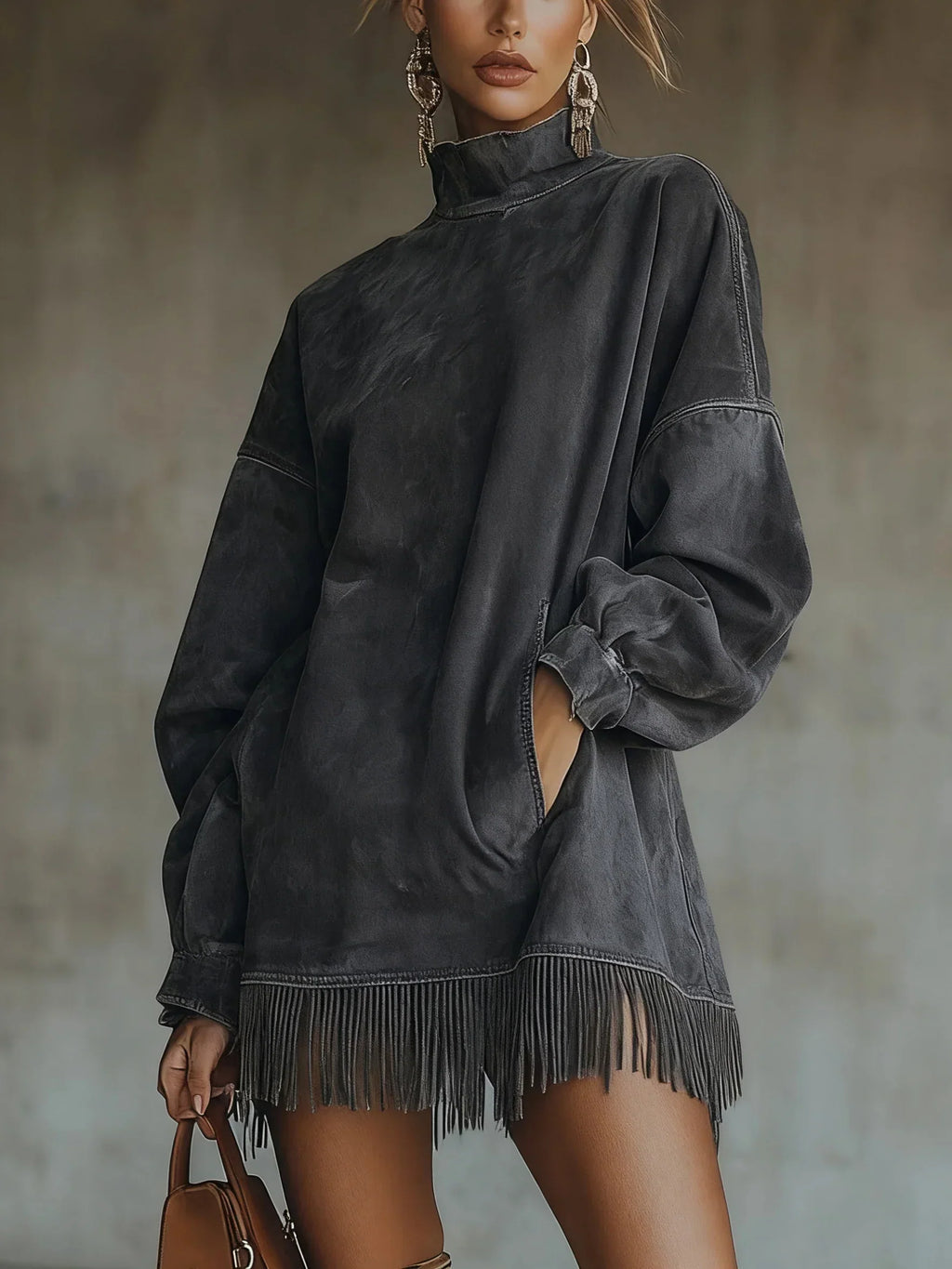 Adela | Vestido de cuello alto de ante con flecos en el bajo