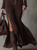 Carla | Vestido largo marrón con cinturón