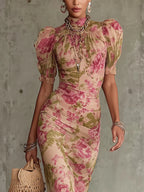 Fátima | vestido vintage rosas mangas abullonadas