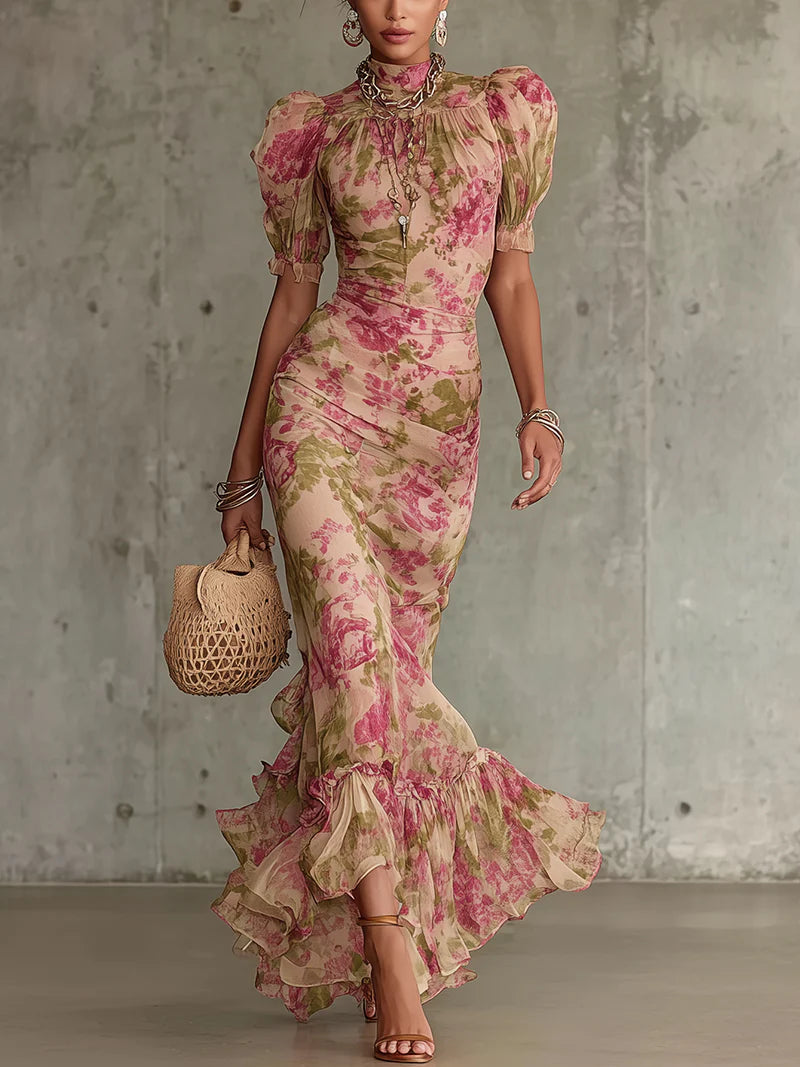 Fátima | vestido vintage rosas mangas abullonadas
