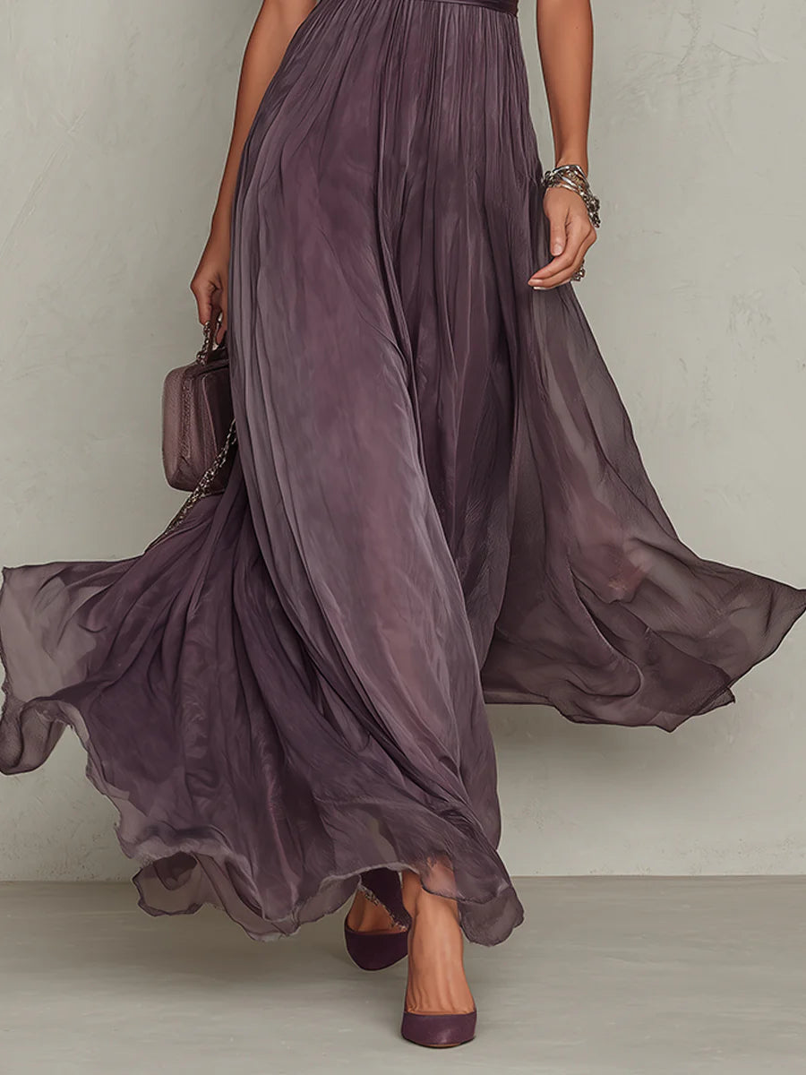 Flavia | Vestido largo violeta con escote en forma de llave, borde de encaje de chiffon