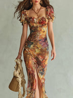 Viola | vestido chiffon naranja estampado bohemio
