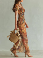 Viola | vestido chiffon naranja estampado bohemio