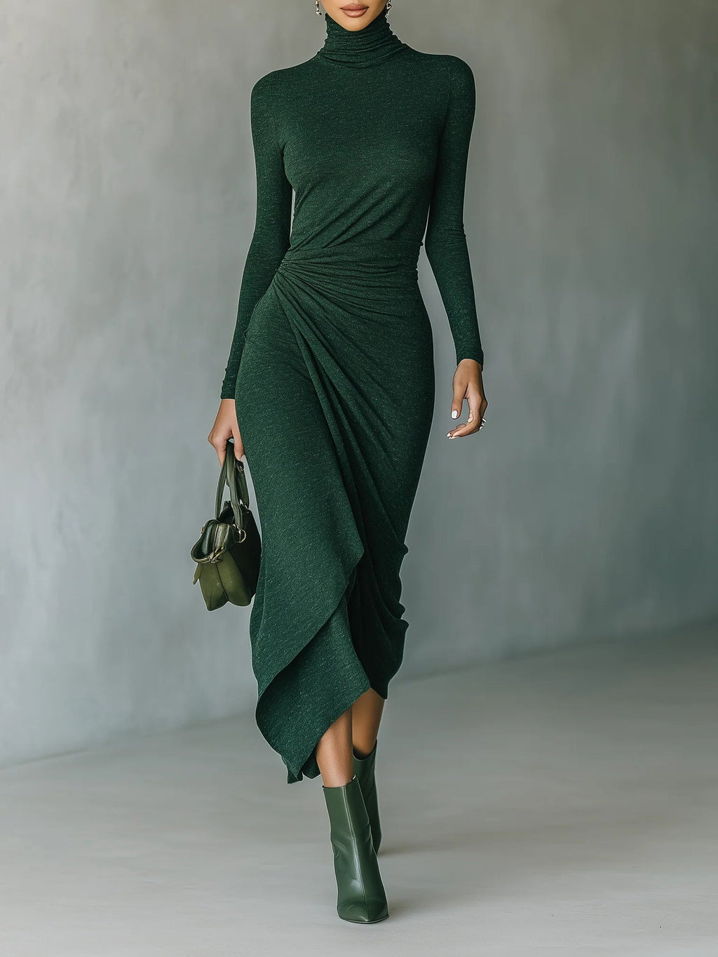 Sonia · Vestido midi verde oscuro con drapeado y cuello alto