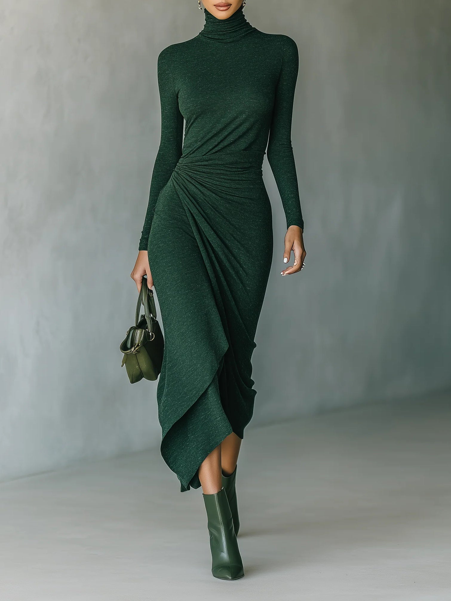Sonia · Vestido midi verde oscuro con drapeado y cuello alto