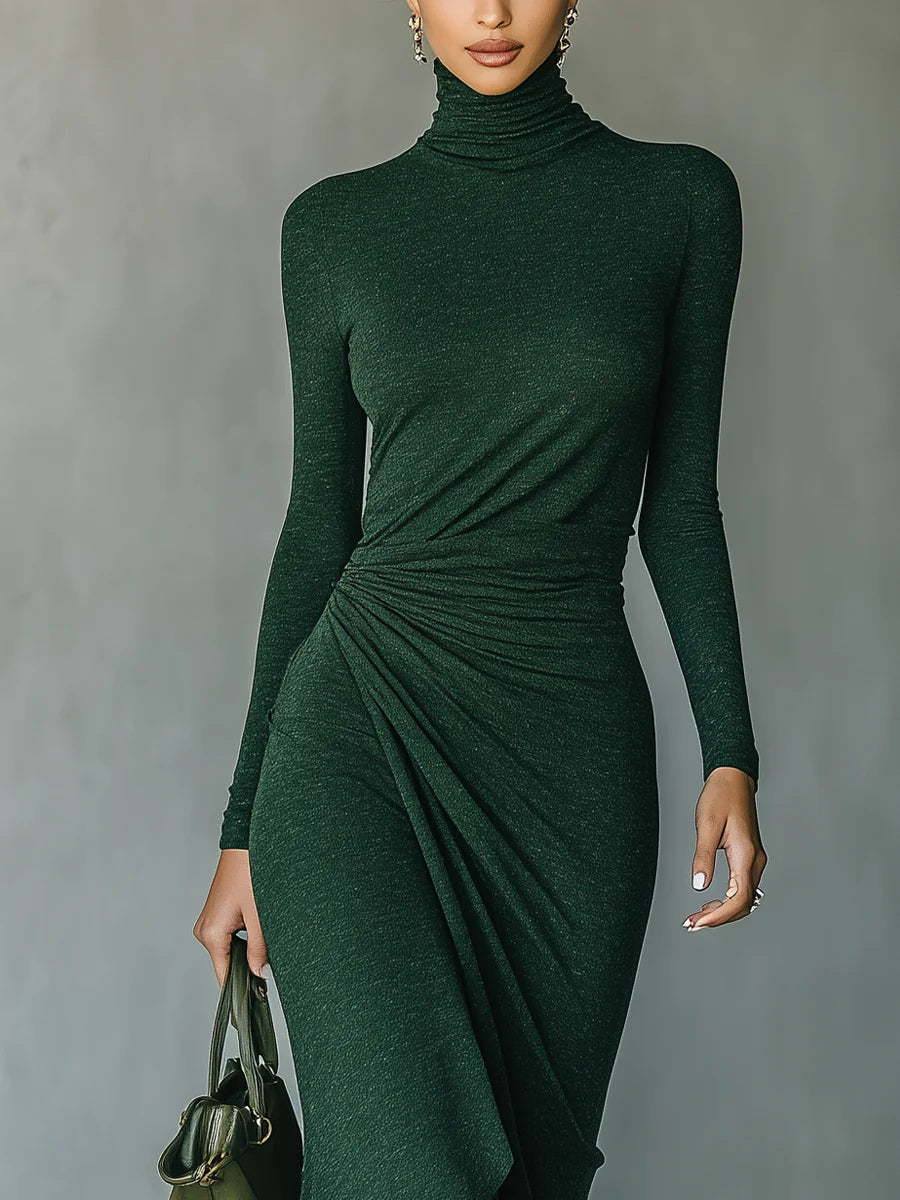 Sonia · Vestido midi verde oscuro con drapeado y cuello alto