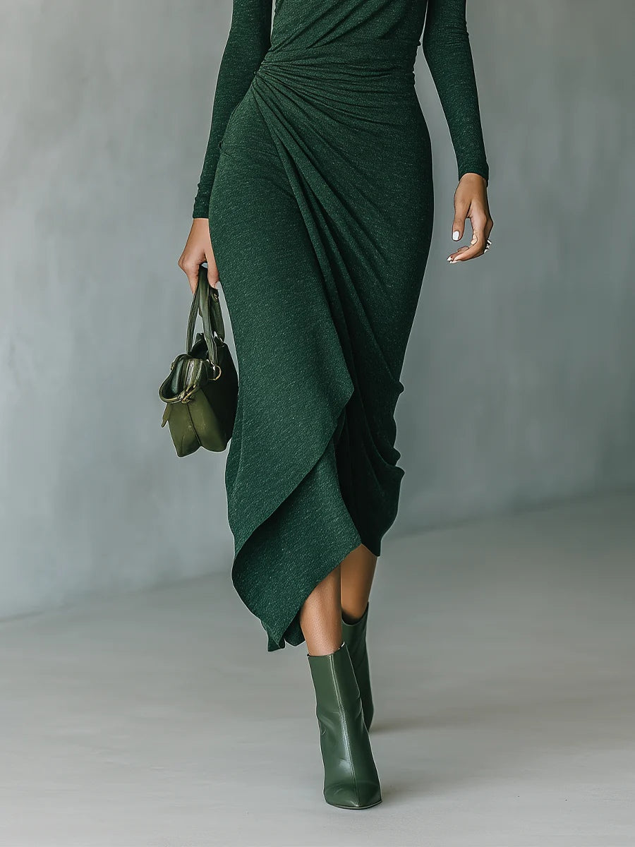 Sonia · Vestido midi verde oscuro con drapeado y cuello alto