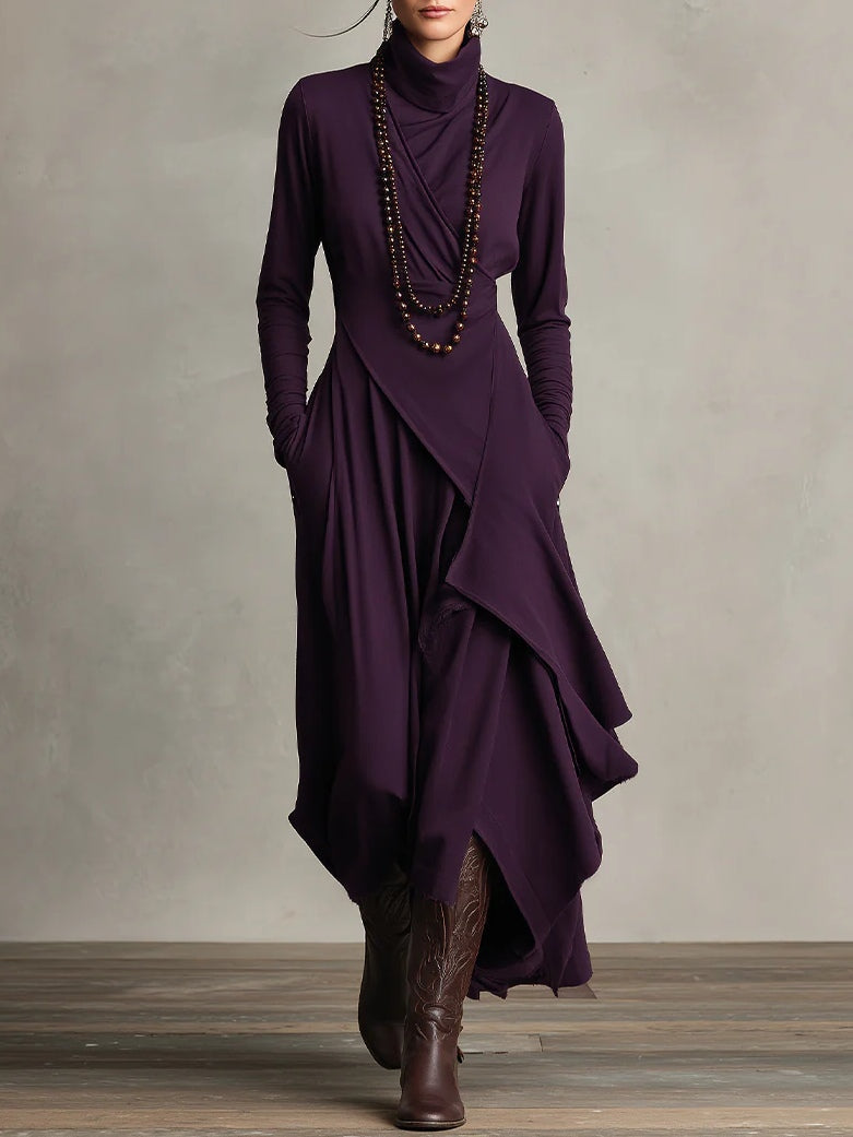 Sandra | Vestido maxi plisado asimétrico de cuello alto
