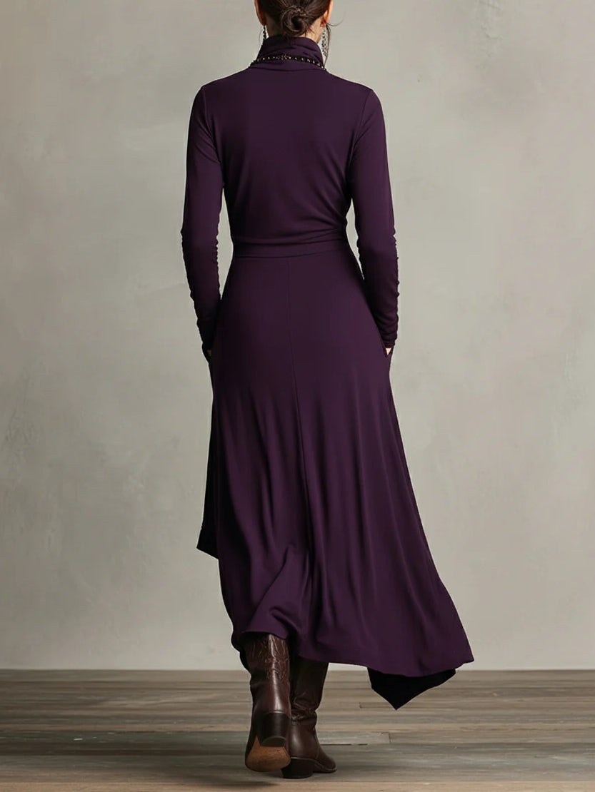 Sandra | Vestido maxi plisado asimétrico de cuello alto