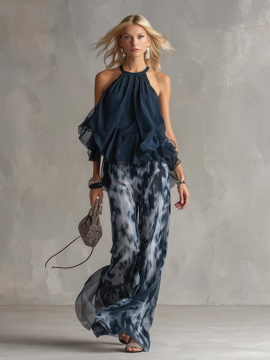 Ludovica | chiffon cuello alto pantalones estampados