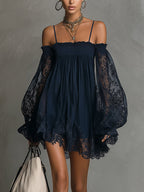 Noemi | vestido chiffon azul encaje transparente